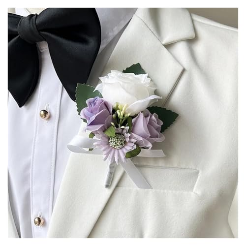 Hochzeitsstrauß Brautzubehör Brautjungfern Seidenblumen Künstliche Rosen Weiß Lila Bräutigam Knopfloch Tischdekoration(Boutonniere) von WHSDCZ