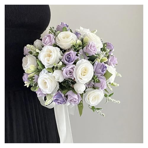 Hochzeitsstrauß Brautzubehör Brautjungfern Seidenblumen Künstliche Rosen Weiß Lila Bräutigam Knopfloch Tischdekoration(Wedding Bouquet) von WHSDCZ