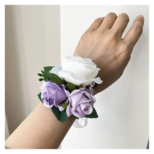 Hochzeitsstrauß Brautzubehör Brautjungfern Seidenblumen Künstliche Rosen Weiß Lila Bräutigam Knopfloch Tischdekoration(Wrist Corsage) von WHSDCZ