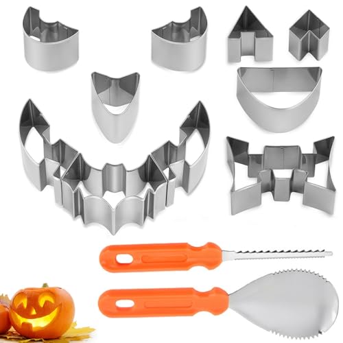 12 Stück Halloween Kürbis Schnitzset, Schnitzwerkzeug Kürbis Pumpkin Carving Kit DIY Edelstahl Kürbisschnitzse Kürbis Schnitzen mit vorlagen für DIY Halloween Dekoration von WHangXJangYE