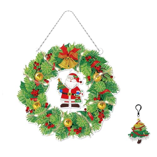 WHangXJangYE 5D Diamond Painting Weihnachten, DIY Diamant Malerei Bilder Kit Weihnachtskranz Türkränze Weihnachten Runde Kranz für Wand Fenster Weihnachts Deko von WHangXJangYE