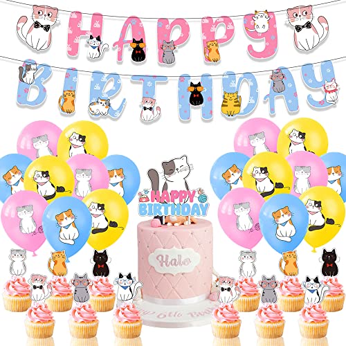 WIDEBG Luftballons Katze Geburtstag Dekoration Katzen Tortendeko Happy Birthday Banner Kindergeburtstag Deko Cat Latex Ballons Kinder Geburtstagsparty Deko (32 Stück) von WIDEBG