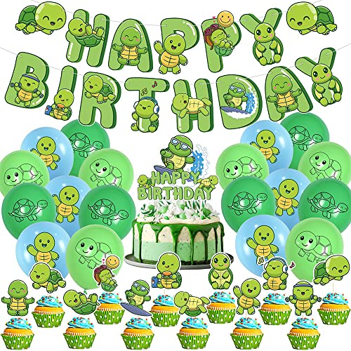 WIDEBG Luftballons Schildkröte Kindergeburtstag Deko Turtles Tortendeko Happy Birthday Banner Meerestiere Geburtstagsfeier Latex Ballons Schildkröten Party Dekoration (32 Stück) von WIDEBG