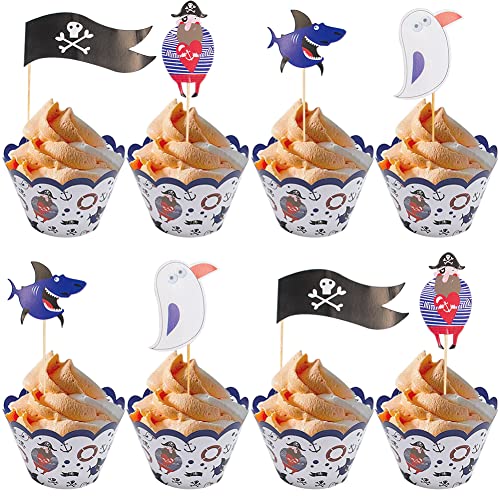 WIDEBG Muffin Deko Piraten Tortendeko Geburtstag Cupcake Topper Pirat Cupcake Wrappers Piraten Kuchen Deko Torte Muffin Backbecher Papier Kindergeburtstag von WIDEBG