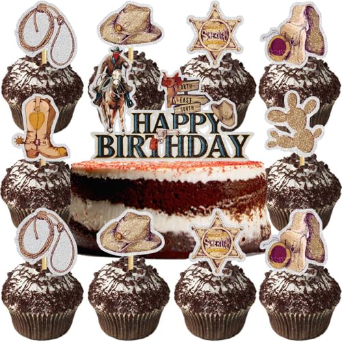 WIDEBG Tortendeko Cowboy Cupcake Topper Kindergeburtstag Kuchen Deko Western Cowboy Kuchen Dekoration Pferde Happy Birthday Cake Topper Western Geburtstagsparty Zubehör 19 Stück von WIDEBG