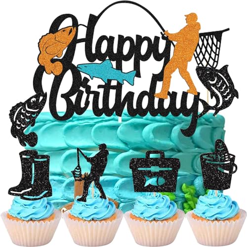 WIDEBG Tortendeko Fisch Cupcake Topper Geburtstag Angeln Kuchen Deko Happy Birthday Cake Topper Angler Kuchen Topper Kindergeburtstag Dekoration 30 Stück von WIDEBG