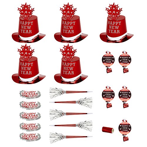 "RED HAPPY NEW YEAR PARTY KIT" for10 persons (5 top hats, 5 crowns, 5 sounding trumpets, 5 sounding blow-outs, 1 roll of 10 decorative streamers) - von WIDMANN