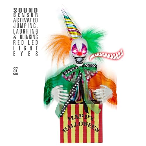 sound sensor activated "JUMPING & LAUGHING CLOWN IN THE BOX WITH BLINKING RED LED LIGHT EYES" 37 cm - with TRY ME function (3 x AA batteries included) - von WIDMANN
