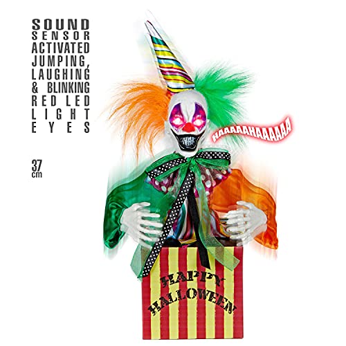 sound sensor activated "JUMPING & LAUGHING CLOWN IN THE BOX WITH BLINKING RED LED LIGHT EYES" 37 cm - with TRY ME function (3 x AA batteries included) - von WIDMANN