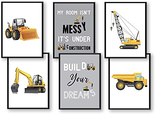 WIETRE® 6er Set Bilder Baufahrzeuge Bagger Kran Kinderzimmer Deko | Bild Junge Babyzimmer Poster DIN A4 | LKW Baustelle Stapler Walze Auto Fahrzeuge Dekoration (mit schwarzen Rahmen) von WIETRE