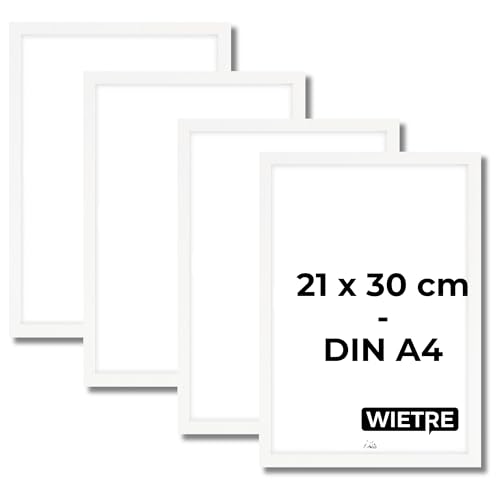 WIETRE 4er Set Bilderrahmen A4 21x30 cm Weiß MDF-Holz | Posterrahmen | bruchsicheres Acrylglas | zum Aufhängen & Aufstellen - für Fotos, Bilder & Poster von WIETRE