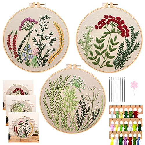 WIFUN Stickerei Set, Kreuzstich Set mit Stickrahmen, Stickgarn, Nadel, 3 Stück Blumenmuster, für Anfänger, DIY Kunst Handwerk Nähen von WIFUN
