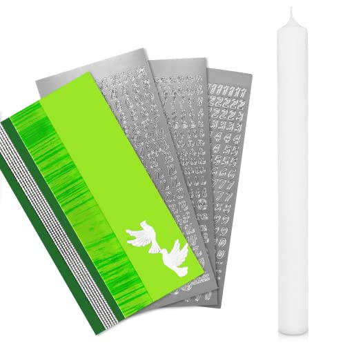 WIKAKERZEN Kerze für Taufe, Hochzeit oder Kommunion - Personalisierbar mit Buchstaben, Wachsplatten & -motiven - Grün mit Taube - 40x4 cm | Weiß von WIKAKERZEN