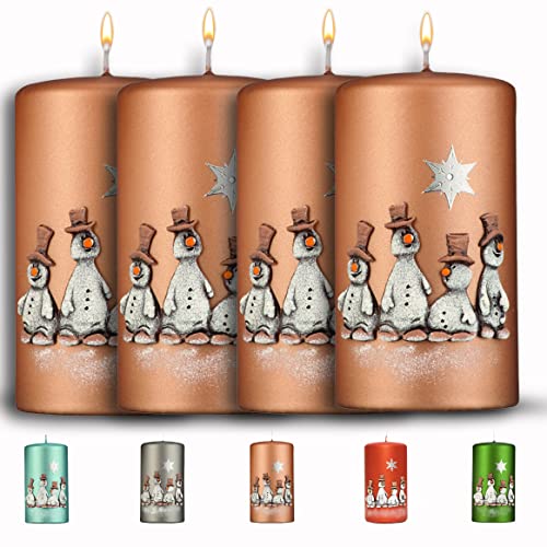 WIKAKERZEN Weihnachtskerze für Adventskranz – 4 Set 13x7cm - Schneemänner - Stumpenkerze aus hochwertigem Paraffinwachs mit Baumwolldocht - Adventskerze RAL zertifiziert (Kupfer) von WIKAKERZEN