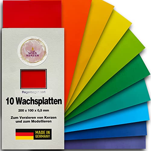 WIKAKERZEN Wachsplatten zum Gestalten und Verzieren von Kerzen DIY Set für Tauf- und Kommunionkerzen zum Selbstgestalten und Basteln, selbsthaftend ohne Kleber (10er-Sortiment, Regenbogen-Sortiment) von WIKAKERZEN