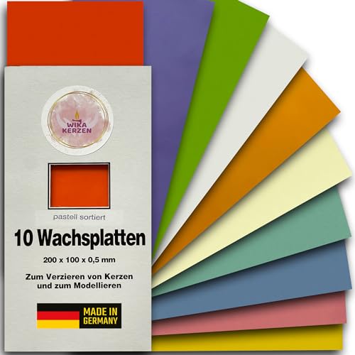 WIKAKERZEN Wachsplatten zum Gestalten und Verzieren von Kerzen DIY Set für Tauf- und Kommunionkerzen zum Selbstgestalten und Basteln, selbsthaftend ohne Kleber (10er-Sortiment, Pastell-Sortiment) von WIKAKERZEN