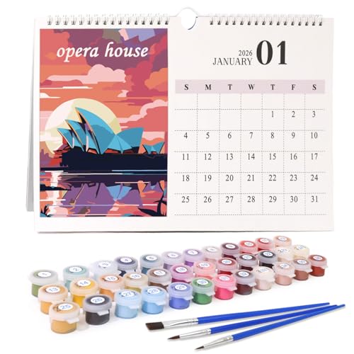Malen Nach Zahlen Kalender 2026,DIY Tischkalender,Selbstgemachten Illustrationen,Kalender Malen nach Zahlen Kit für Erwachsene,mit Pinsels Und Acrylfarbe,für Home Deko,Geschenke (Nation Landschaft) von WIKOGDFE