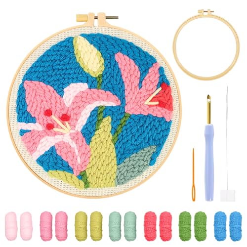 Punch Needle Set,DIY Stanznadel Kit,Punch Needle Stickerei Set für Anfänger,Punch Needle Embroidery Starter Kit, mit Blumen Muster, DIY Handstickerei Craft Stickerei Kit,Heimdekoration (Lilie) von WIKOGDFE