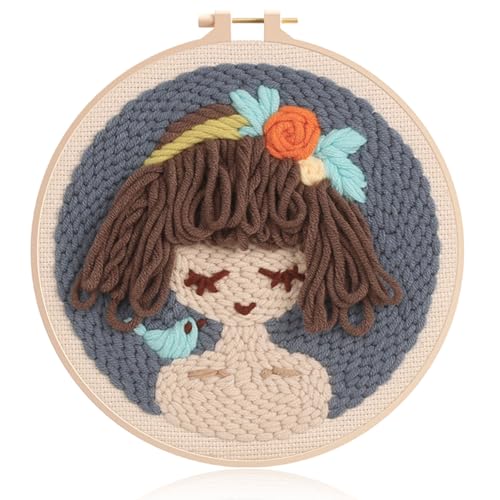 Punch Needle Stickerei Set für Anfänger,Punch Needle Embroidery Starter Kit,Mädchen Muster Punch Needle Set,mit Anleitung,DIY Handstickerei Set,Starter Stanznadelstoff Muster,Stanznadel Stickrahmen von WIKOGDFE
