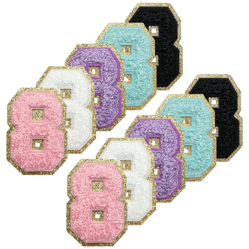 WILDREEDS Selbstklebende Chenille-Aufnäher mit goldener Glitzerbordüre, bestickter Aufnäher für Kleidung, Nummer 8 (weiß, schwarz, rosa, lila, blau), 10 Stück von WILDREEDS