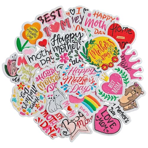 WILDREEDS 20 Stück Aufnäher zum Aufbügeln zum Aufbügeln "Best Mom & Love Mom", bestickte Aufnäher zum Aufnähen für Kleidung, T-Shirts, Rucksäcke, Hüte, Jeans, Jacken von WILDREEDS