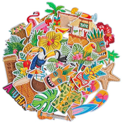 WILDREEDS 32 Stück Sommer Hawaii Bügelbilder, bunte Hawaiian/tropische/Tiki/Sommer Pool bestickte Aufnäher zum Aufnähen auf Kleidung, T-Shirts, Rucksäcke, Hüte, Jeans, Jacken WILDREEDS 32 Stück Sommer Hawaii Bügelbilder, bunte Hawaiian/tropische/Tiki/Sommer Pool bestickte Aufnäher zum Aufnähen auf Kleidung, T-Shirts, Rucksäcke, Hüte, Jeans, Jacken von WILDREEDS