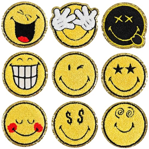 WILDREEDS 9 Stück Aufnäher zum Aufbügeln für Kleidung, Chenille, niedliches Lächeln, bestickt, offizielles Lizenzprodukt, SmileyWorld, für T-Shirts, Jacken, Hüte, Rucksäcke, Jeans (Stil 1) von WILDREEDS