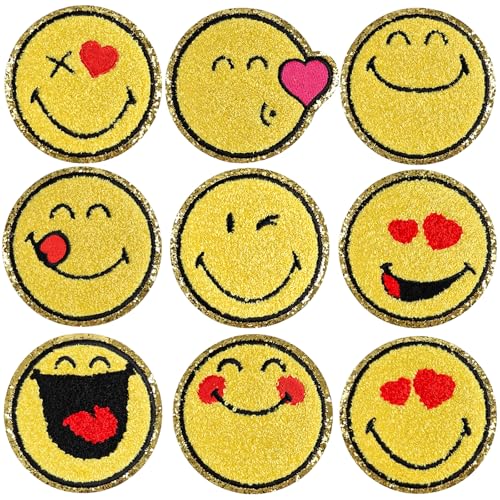 WILDREEDS 9 Stück Aufnäher zum Aufbügeln für Kleidung, Chenille, niedliches Lächeln, bestickt, offizielles Lizenzprodukt, SmileyWorld, für T-Shirts, Jacken, Hüte, Rucksäcke, Jeans (Stil 2) von WILDREEDS