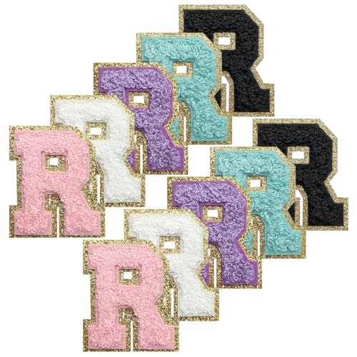 WILDREEDS Selbstklebende Chenille-Buchstaben-Patches mit goldenem Glitzer-Bordüre, zum Aufbügeln, bestickte Chenille-Stickerei für Kleidung, R (weiß, schwarz, rosa, lila, blau), 10 Stück von WILDREEDS