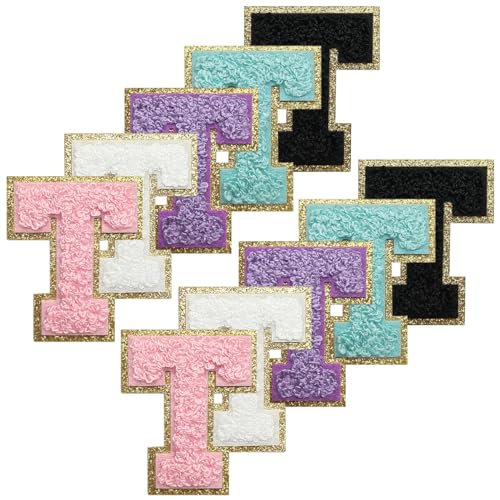 WILDREEDS Selbstklebende Chenille-Buchstaben-Patches mit goldenem Glitzer-Bordüre, zum Aufbügeln auf Buchstaben, Chenille, bestickter Aufnäher für Kleidung, Buchstabe T (weiß, schwarz, rosa, lila, von WILDREEDS