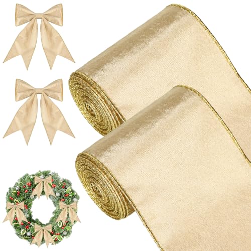 2 Rollen Weihnachten Samtbänder Schleifenbänder mit Drahtkanten Weihnachtsbänder Geschenkbänder mit Draht Dekobänder für Weihnachtsbaum Geschenkverpackung (Gold, 10 cm x 6 Yards) von WILLBOND