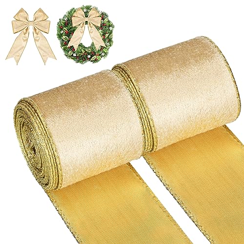 2 Rollen Weihnachten Samtbänder Schleifenbänder mit Drahtkanten Weihnachtsbänder Geschenkbänder mit Draht Dekobänder für Weihnachtsbaum Geschenkverpackung (Gold, 6,4 cm x 6 Yards) von WILLBOND