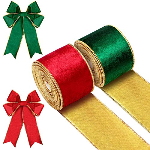 2 Rollen Weihnachten Samtbänder Schleifenbänder mit Drahtkanten Weihnachtsbänder Geschenkbänder mit Draht Dekobänder für Weihnachtsbaum Geschenkverpackung (Rot, Grün, 6,4 cm x 6 Yards) von WILLBOND