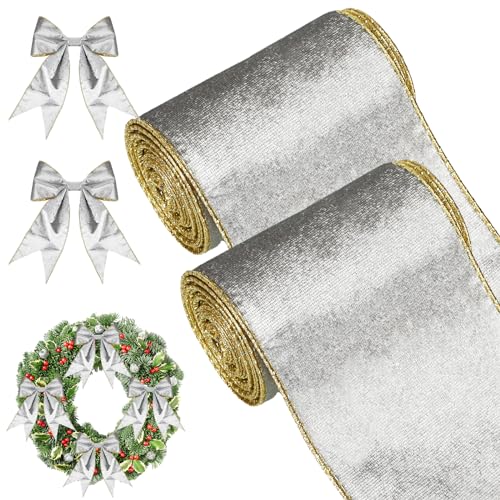 2 Rollen Weihnachten Samtbänder Schleifenbänder mit Drahtkanten Weihnachtsbänder Geschenkbänder mit Draht Dekobänder für Weihnachtsbaum Geschenkverpackung (Silber, 10 cm x 6 Yards) von WILLBOND