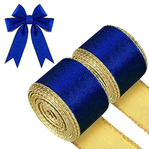 2 Rollen Weihnachten Samtband mit Verdrahteten Kanten Trimmen Wickelband Handwerk Stoffband für Weihnachten Schleifenherstellung (Marineblau, 2,5 Zoll x 6 Yards) von WILLBOND