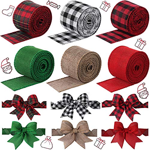 6 Rollen 32 Yards Weihnachtsbänder Mehrfarbige Karo Geschenkbänder mit Drahtkante Weihnachten Sackleinenbänder Dekorative Schleifenbänder für Weihnachtsgeschenk Verpackung Basteln von WILLBOND