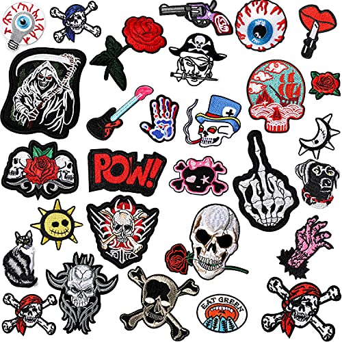 WILLBOND 30 Stück Rock Punk Band Patch Set Punk Aufbügel Patches Verschiedene Punk Bestickt Aufbügel Patches Schädel Augapfel Muster für Halloween Jacken Hut Kleidung Taschen Dekoration von WILLBOND