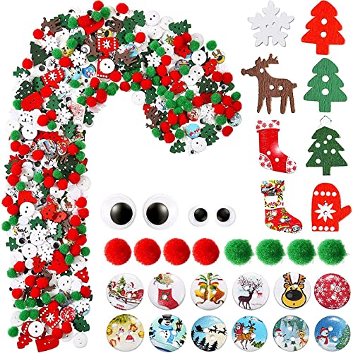 WILLBOND 500 Stück Weihnachten Verzierungen Mix Holz Knöpfe Pom Pom Ball Wackelaugen Ornamente DIY Handwerk Nähen Dekoration Zubehör von WILLBOND