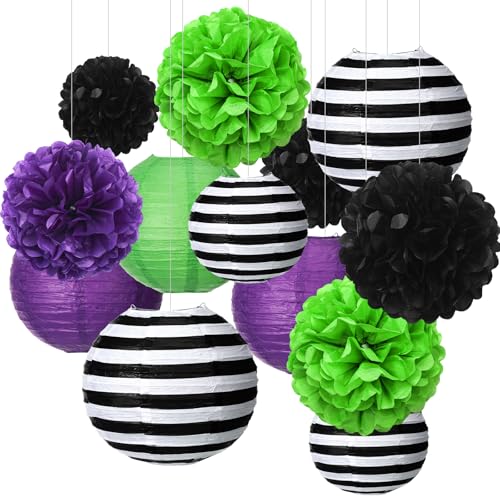 WILLBOND Halloween-Papierlaternen, Party-Dekorationen, schwarz gestreift, lila, grün, hängende Papierlaterne und Pompons, Blumen für Halloween-Party, drinnen und draußen, gruselige Heimdekoration von WILLBOND