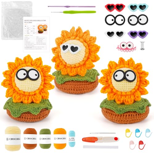 WILSHIN Häkelset für Anfänger, Sonnenblumen-Häkel-Starter-Set mit Schritt-für-Schritt-Video-Tutorials, leicht zu erlernende Tutorials, Garne, Haken, Strickset für Anfänger, 3 Paar (50%+ Garn) von WILSHIN