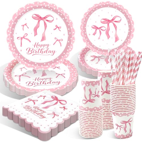 WINAROI 80 Stück Rosa Schleife Party Dekorationen,Rosa Schleife Partygeschirr Geburtstag Mädche,Schleifen Deko Geburtstag Geschirr Kit Mit Pappteller Becher Servietten für Girl kindergeburtstag Party von WINAROI