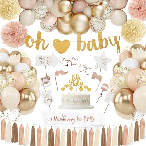 WINAROI Baby Shower Deko Mädchen Junge,Beige Baby Party Dekoration Luftballons,Oh BabyBanner,Mommy to Be Sash für Babyshowerparty,Gender Reveal Party Ballon Deko Beige von WINAROI