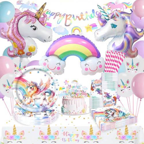 WINAROI Einhorn Deko Kindergeburtstag,Einhorn Geburtstagsdeko Mädchen,Einhorn Party Deko,Pappteller Kindergeburtstag mit Einhorn Luftballons Pappteller Tassen Servietten Tischdecke von WINAROI