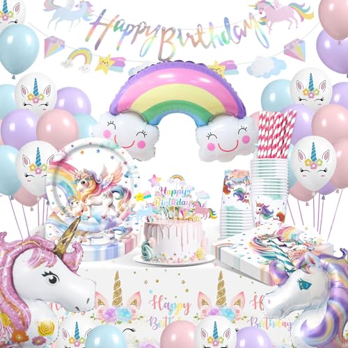 WINAROI Einhorn Deko Kindergeburtstag,Einhorn Geburtstagsdeko Mädchen,Einhorn Party Deko,Pappteller Kindergeburtstag mit Einhorn Luftballons Pappteller Tassen Servietten Tischdecke von WINAROI