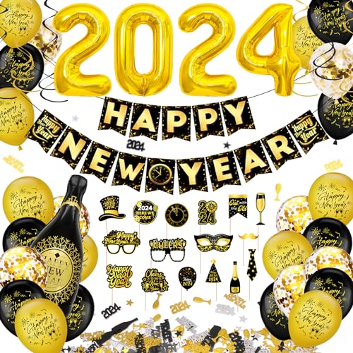 WINAROI Happy New Year Dekoration 2024 Ballon, Schwarz Gold Happy New Year Banner 2024 Luftballons, Neujahr Photo Booth Requisiten Hängender Wirbel für 2024 Silvester Party von WINAROI