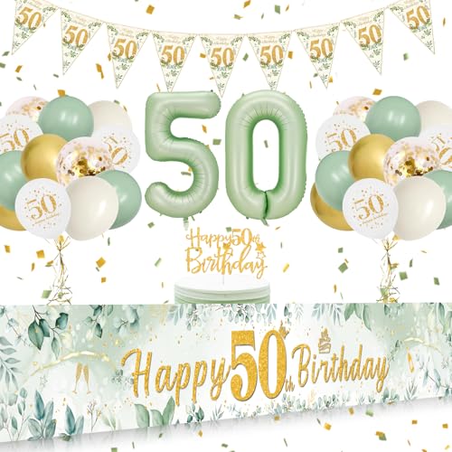 50. Geburtstag Deko für Frauen und Männer - Banner, Luftballons Grün Gold Konfetti, Lange Größe Happy 50th Birthday Hintergrund 274×37cm von WINFLUENCE