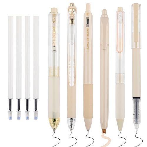 WINKIO 0.5mm Gelschreiber, 6 Stück Aesthetic Gelstifte Schnell Trocknende Gel Pen mit 4 Nachfüllminen, Einziehbare Kugelschreiber Schwarz +Farbiger Textmarker(Gelb) von WINKIO