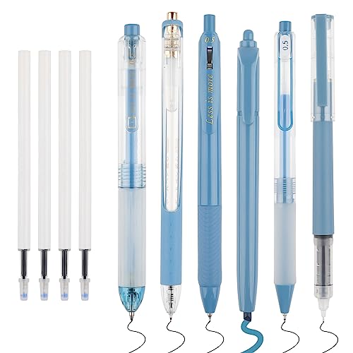 WINKIO 0.5mm Gelschreiber, 6 Stück Aesthetic Gelstifte Schnell Trocknende Gel Pen mit 4 Nachfüllminen, Einziehbare Kugelschreiber Schwarz +Farbiger Textmarker(Blau) von WINKIO