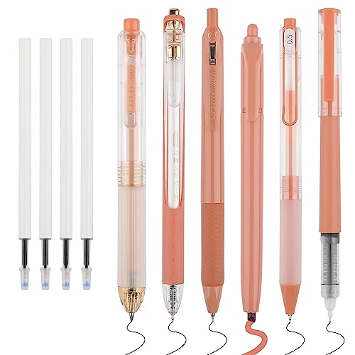 WINKIO 0.5mm Gelschreiber, 6 Stück Aesthetic Gelstifte Schnell Trocknende Gel Pen mit 4 Nachfüllminen, Einziehbare Kugelschreiber Schwarz +Farbiger Textmarker(Karamellbraun) von WINKIO