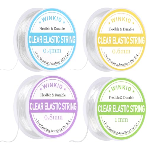 4 Rollen Elastisches Band (52m) – Gummiband für Armbänder (0.4/0.6/0.8/1mm) | Transparente Reißfestes Nylonschnur & dehnbares Fäden für DIY Schmuck, Perlenarmbänder und Handwerk von WINKIO
